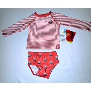 Sesame Street Elmo Rash Guard Swim Set Kids 6-9M Red New Striped UPF 50+